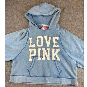 Victorias Secret Cropped Hoodie Womens Medium Blue Graphic Love Pink Sporty NWT